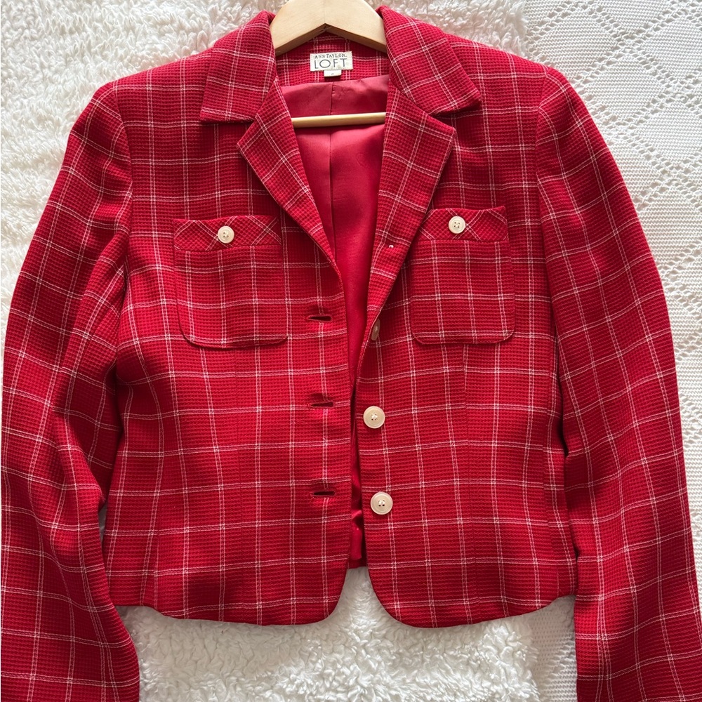 LOFT Red Checkered Blazer
